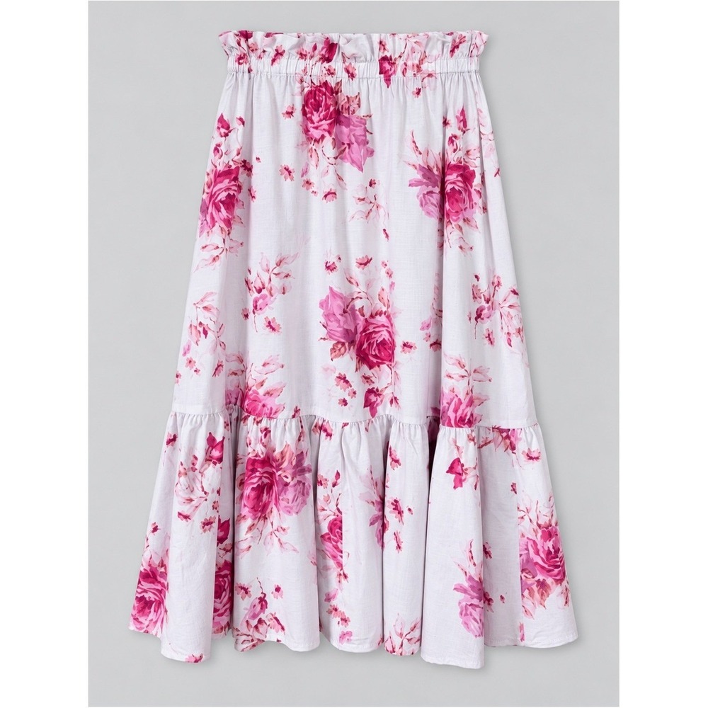 HM Floral Midi Skirt Large Tiered Romantic Cottage Prairie Peasant Coastal